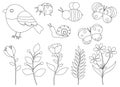 Set spring black and white coloring flowers birds insects vector illustration Royalty Free Stock Photo